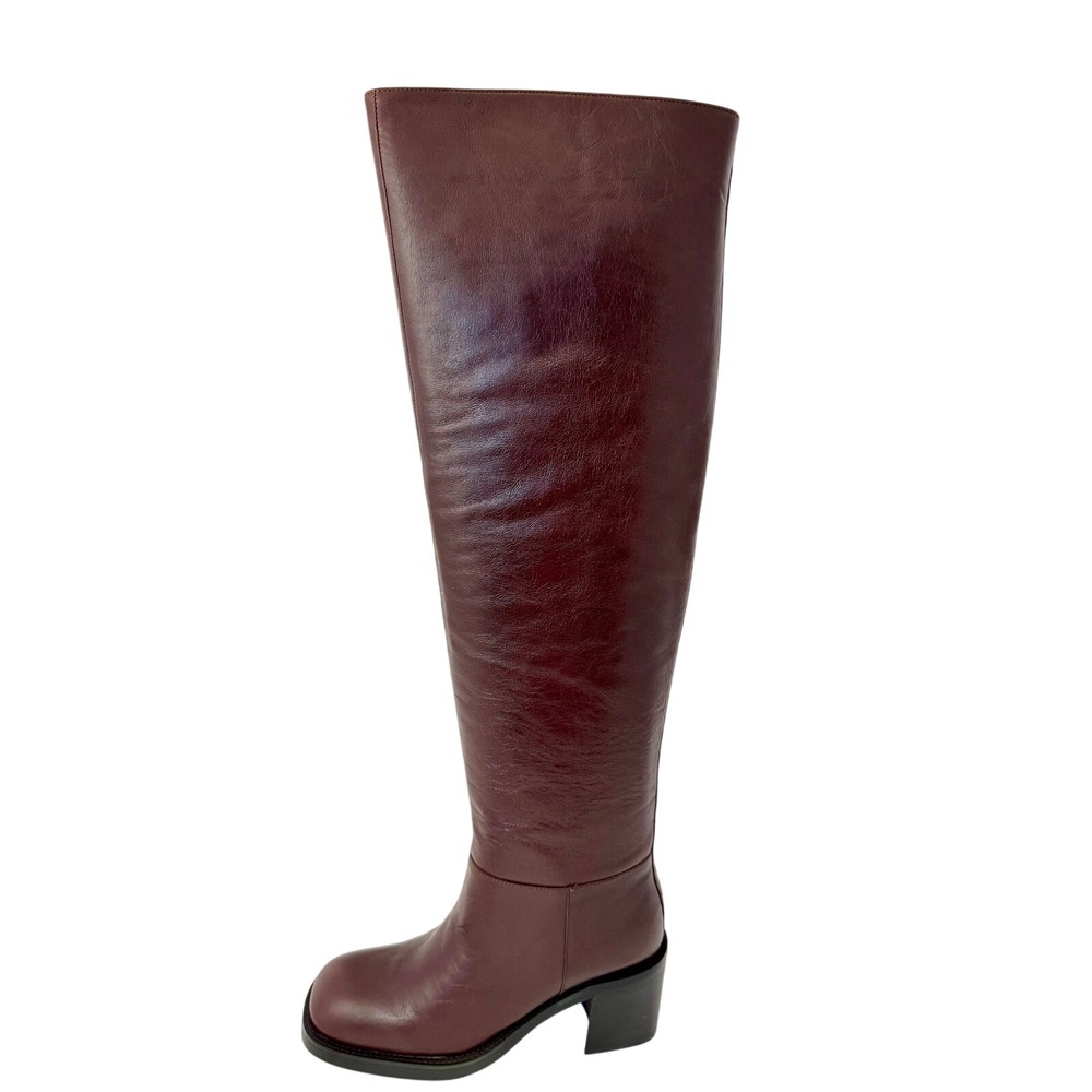 Jeffrey Campbell Vinyl Brown Over‎ The Knee Square Toe Heel Boots Womens 5.5 NIB